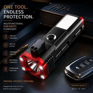 Emergency Survival Torch with Rechargeable LED Flashlight, Glass Breaker, Cutter Blade – Ideal Car Safety Tool for Night Travel or Rescue
