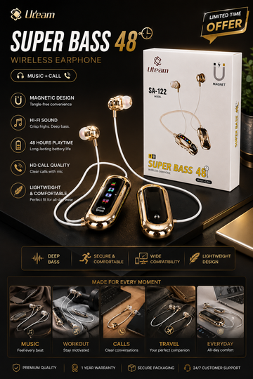 Uteam SA-122 Magnetic Wireless Earphones – Super Bass, 48H Battery & HD Calls