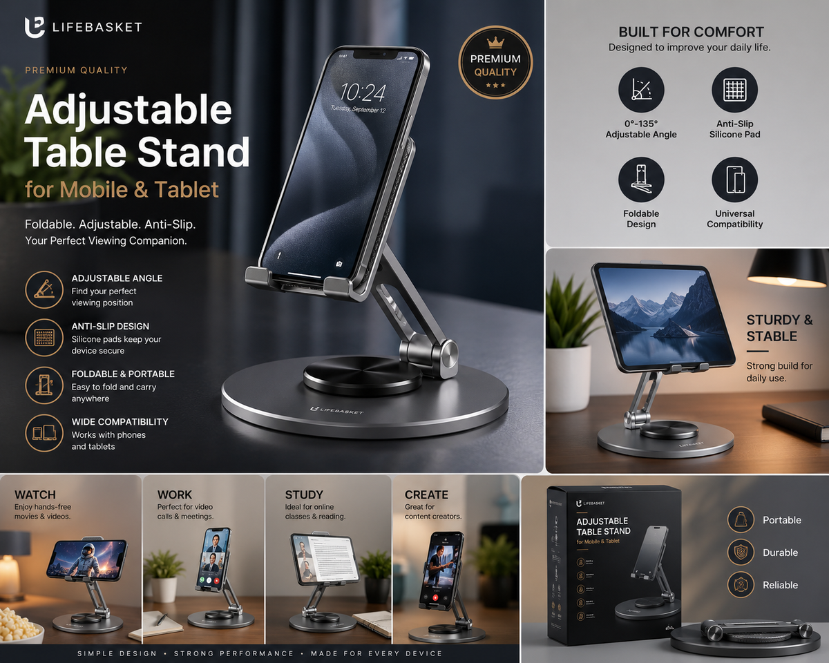 LifeBasket™ Adjustable Aluminum Phone & Tablet Stand – Foldable Anti-Slip Desk Holder