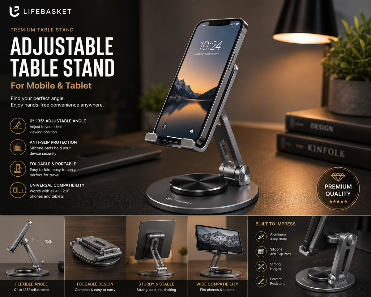 LifeBasket™ Adjustable Aluminum Phone & Tablet Stand – Foldable Anti-Slip Desk Holder