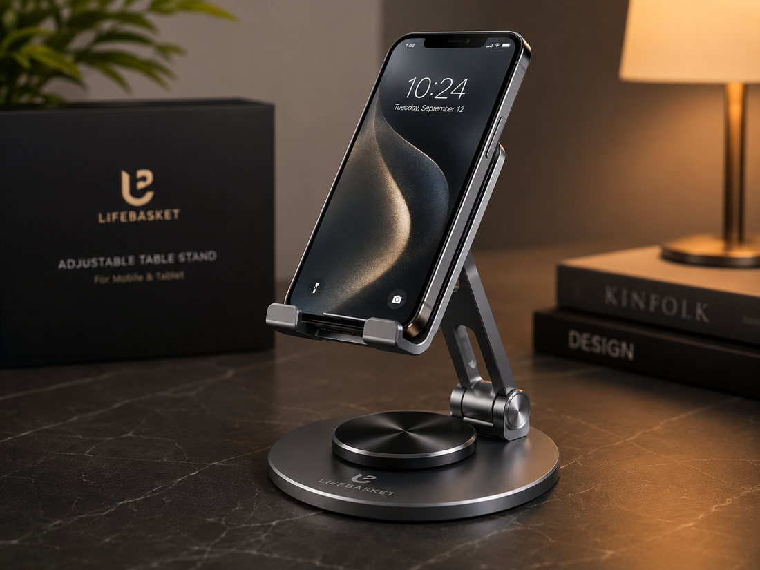 LifeBasket™ Adjustable Aluminum Phone & Tablet Stand – Foldable Anti-Slip Desk Holder