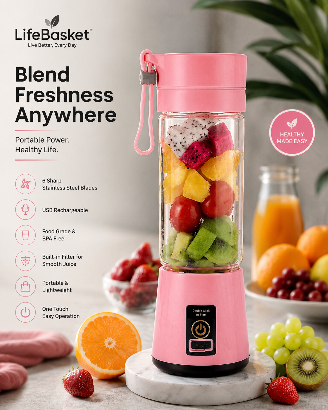 Portable Rechargeable Juicer Blender – 380ml 6-Blade Mini Fruit Smoothie Maker