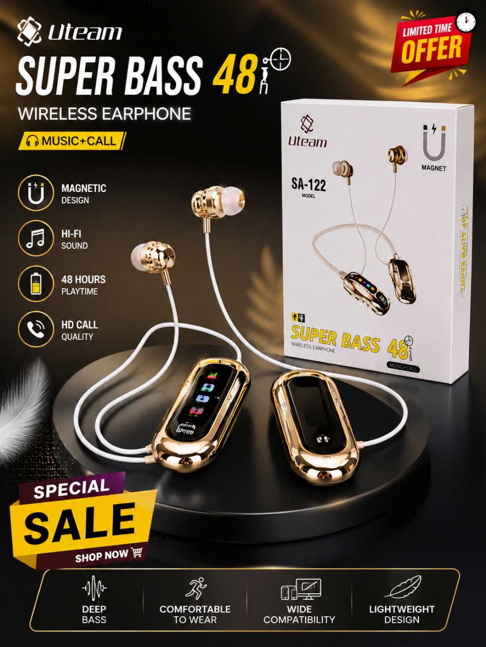 Uteam SA-122 Magnetic Wireless Earphones – Super Bass, 48H Battery & HD Calls