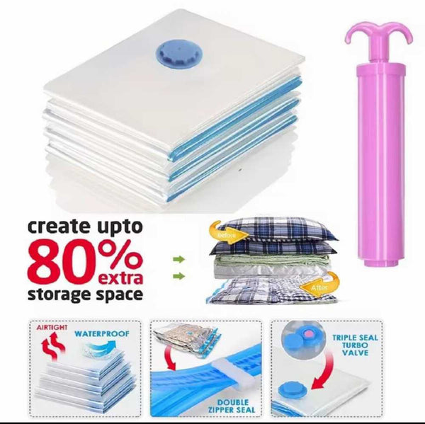 Vacuum Storage Bags Set – 5 Bags + Hand Pump | Space Saving Storage Organizer
