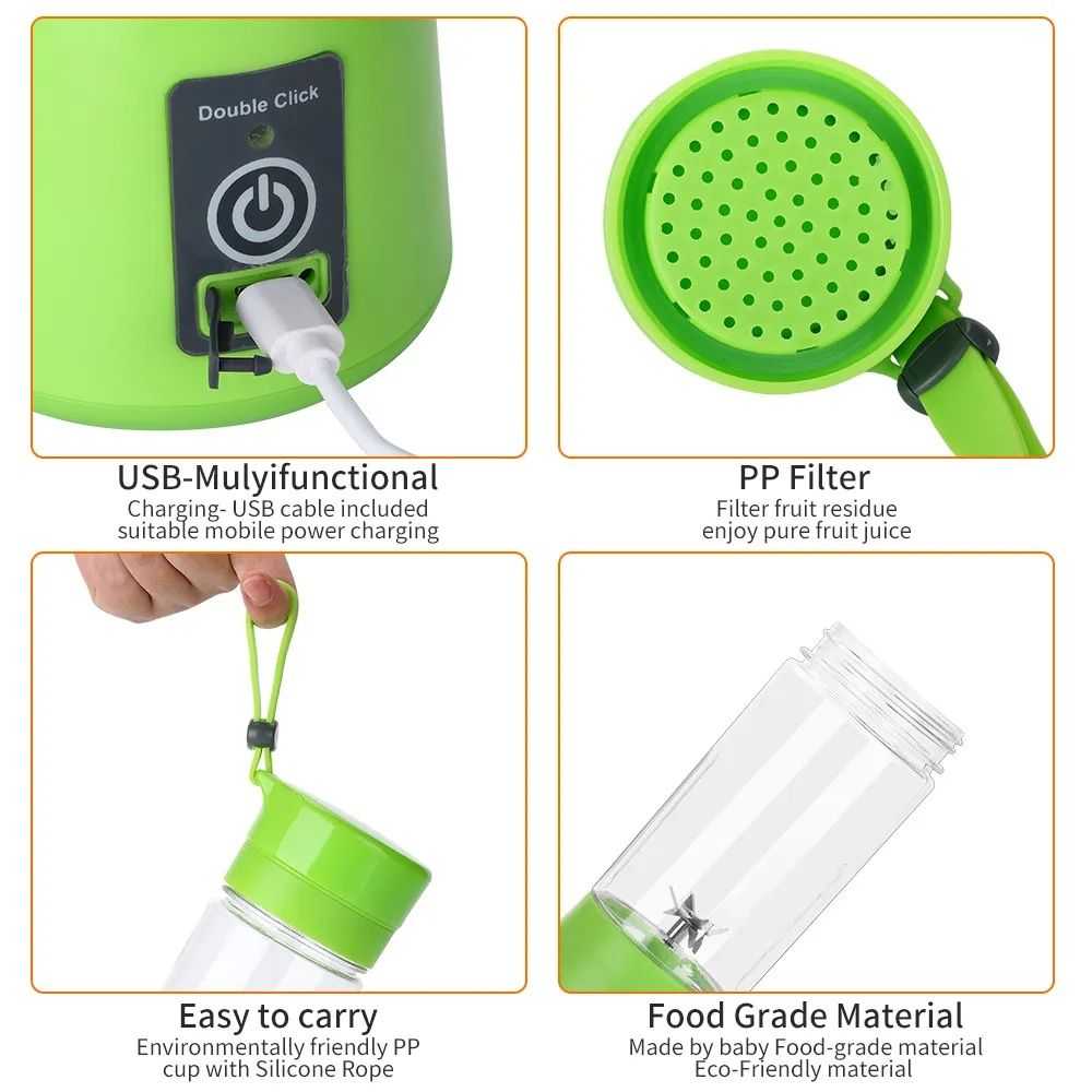 Portable Rechargeable Juicer Blender – 380ml 6-Blade Mini Fruit Smoothie Maker